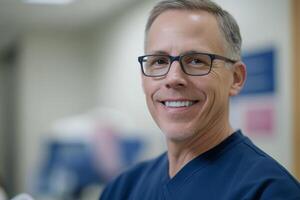 Smiling healthcare professional in scrubs standing in a hospital corridor with medical equipment nearby during daytime photo