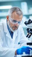 Experienced scientist observing samples under microscope in laboratory setting during daylight hours photo