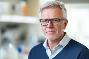 Senior man in glasses smiling warmly while standing in a bright office environment with modern decor photo