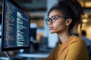 Young woman coding at a computer in a modern office environment during the day photo
