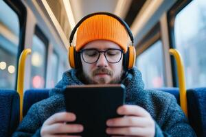 Young man wearing orange beanie and headphones focused on tablet while sitting on public transportation photo