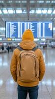 Traveler stands at airport, looking at flight schedule board on a busy day with a yellow beanie and backpack photo