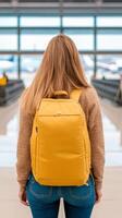 Woman with yellow backpack waiting at airport terminal, preparing for travel and adventure ahead photo