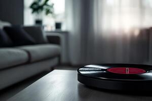 Vinyl record on a wooden table in a cozy living room with soft natural light coming through sheer curtains photo