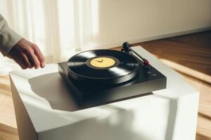 Elegant hand reaching for a vinyl record on a turntable in a sunlit room photo