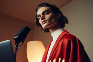 Young artist performing a vocal piece in a stylish room during evening hours photo