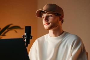 Young man engaged in a creative project with a microphone in a cozy indoor setting during the afternoon photo