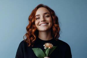 Woman smiling while holding a flower in front of a blue background during a cheerful moment photo