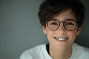Young person with glasses and braces smiles warmly in a cozy indoor setting photo