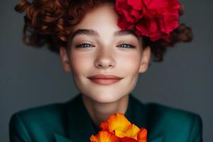 Smiling girl with curly hair adorned with flowers in a serene and colorful setting expressing joy and beauty photo