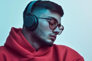 Young man enjoying music with headphones while wearing glasses and a red hoodie in a calm indoor setting photo