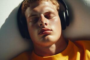 Relaxing young man enjoying music with headphones in a casual setting during the afternoon light photo