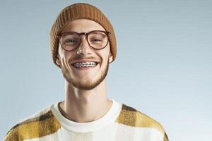 Young man smiling confidently in a cozy sweater and knitted hat against a light backdrop photo