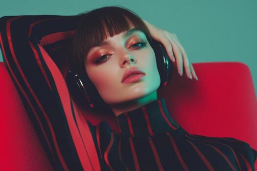 Model relaxing with headphones in a colorful setting photo