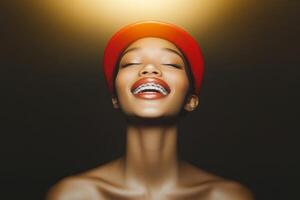 Young woman with braces smiles brightly under warm lighting in a dark setting while wearing a red cap photo