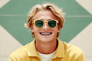 Young man with braces smiles brightly while wearing stylish sunglasses in a colorful setting photo