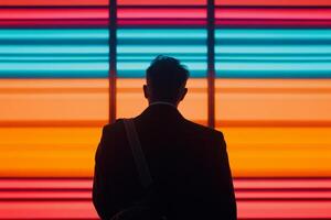 Individual standing in front of colorful illuminated wall during evening hours in urban setting photo