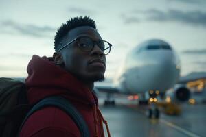 Young traveler stands confidently at the airport with a plane in the background during twilight hours photo