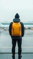 Man with yellow backpack waits at airport during rainy weather looking at airplane on runway photo