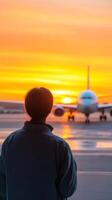 Passenger waiting at airport during sunset, gazing at approaching aircraft on the runway with vibrant orange sky photo