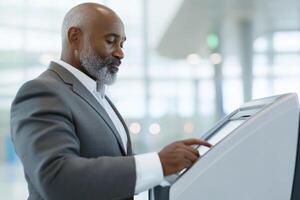 Businessman engages with self-service kiosk at modern airport during bustling travel day photo