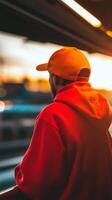 Person in yellow cap watching sunset from urban viewpoint in evening photo