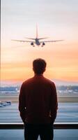 Man gazes at airplane taking off from airport during sunset with vibrant sky and distant mountains in background photo