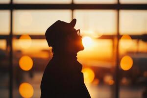 Silhouette of a person admiring the sunset at a modern airport terminal photo