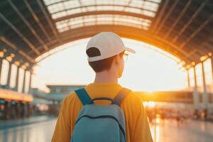 Young traveler waiting for departure at a sunny airport in the evening glow photo