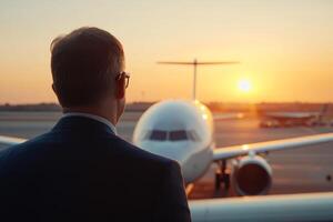 Business traveler waiting for evening flight at airport with sunset background photo