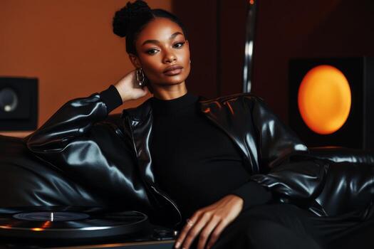 Stylish young woman in a black outfit relaxing on a sofa with a record player and warm ambient lighting photo
