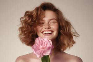 Smiling woman with curly hair holding a pink flower in a soft and elegant setting photo