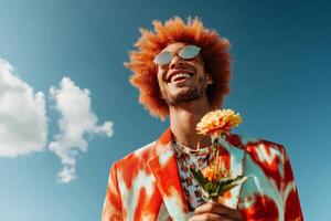 Colorful man enjoys sunny day with flower in hand and radiant smile under clear blue sky photo