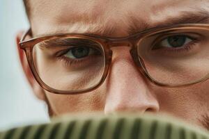 Intense gaze of a young man with glasses showing emotion and focus in a close-up portrait photo