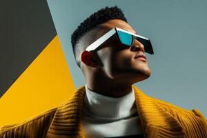 Modern fashion portrait featuring a stylish man with unique sunglasses and vibrant geometric background photo