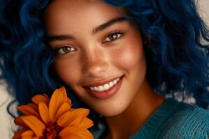 Smiling young woman with blue hair holding an orange flower in a warm, inviting setting photo