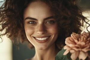 Smiling woman with curly hair holding a flower in natural light photo