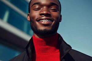 Young man with braces smiles brightly outdoors in urban setting during sunny day photo