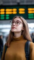 Young woman in glasses gazes upward at arrival board in busy airport during daytime photo