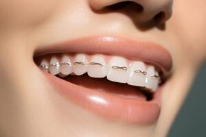 Smiling young person with clear braces showcasing healthy teeth during a bright daylight setting photo