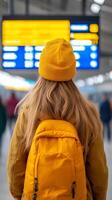Young woman with yellow hat and backpack waits at busy train station, checking departure times on information board photo