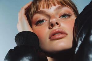 Portrait of a young woman with striking features and natural makeup against a light backdrop photo