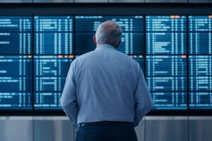 Man checking flight information at an airport terminal in the afternoon while contemplating travel plans photo