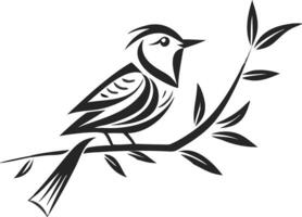 Bird sitting on tree branch simple line art illustration vector