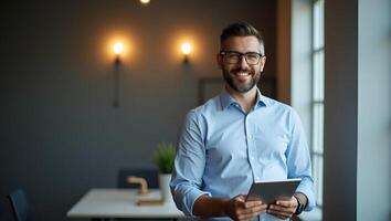 Smiling Professional Latin Male Project Manager in Office Happy Young Businessman Using Tablet Simple Flat Illustration of a Smart Entrepreneur at Work Realistic Set 3 photo