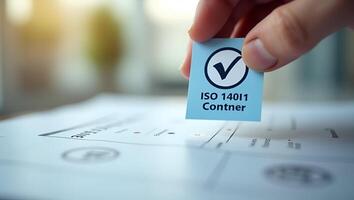Flat Hand places checkmark on ISO 14001 label representing quality control and certification for environmental management systems EMS concept as Hand places checkmark on ISO 140 Realistic Set photo