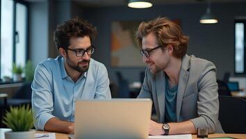 Diverse Male Software Engineers Collaborate on Project Ideas at Office Desk A Cute Illustration of Teamwork and Innovation in a Smart Business Environment Realistic Set photo