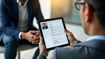 Professional HR Manager Reviewing Female Candidate s Digital CV on Tablet A Close Up Over Shoulder View During Recruitment Interview Process Human Resources Hiring Concept in Ve Realistic Set photo