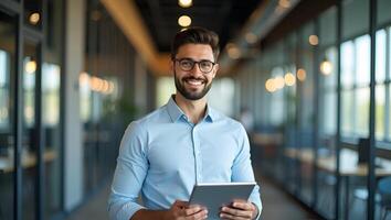 Smiling Latin Male Project Manager in Office Happy Professional Using Tablet Flat Illustration Realistic Set 3 photo