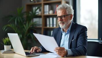 Flat Illustration of Happy Older Businessman Using Laptop and Reading Corporate Documents Realistic Set photo